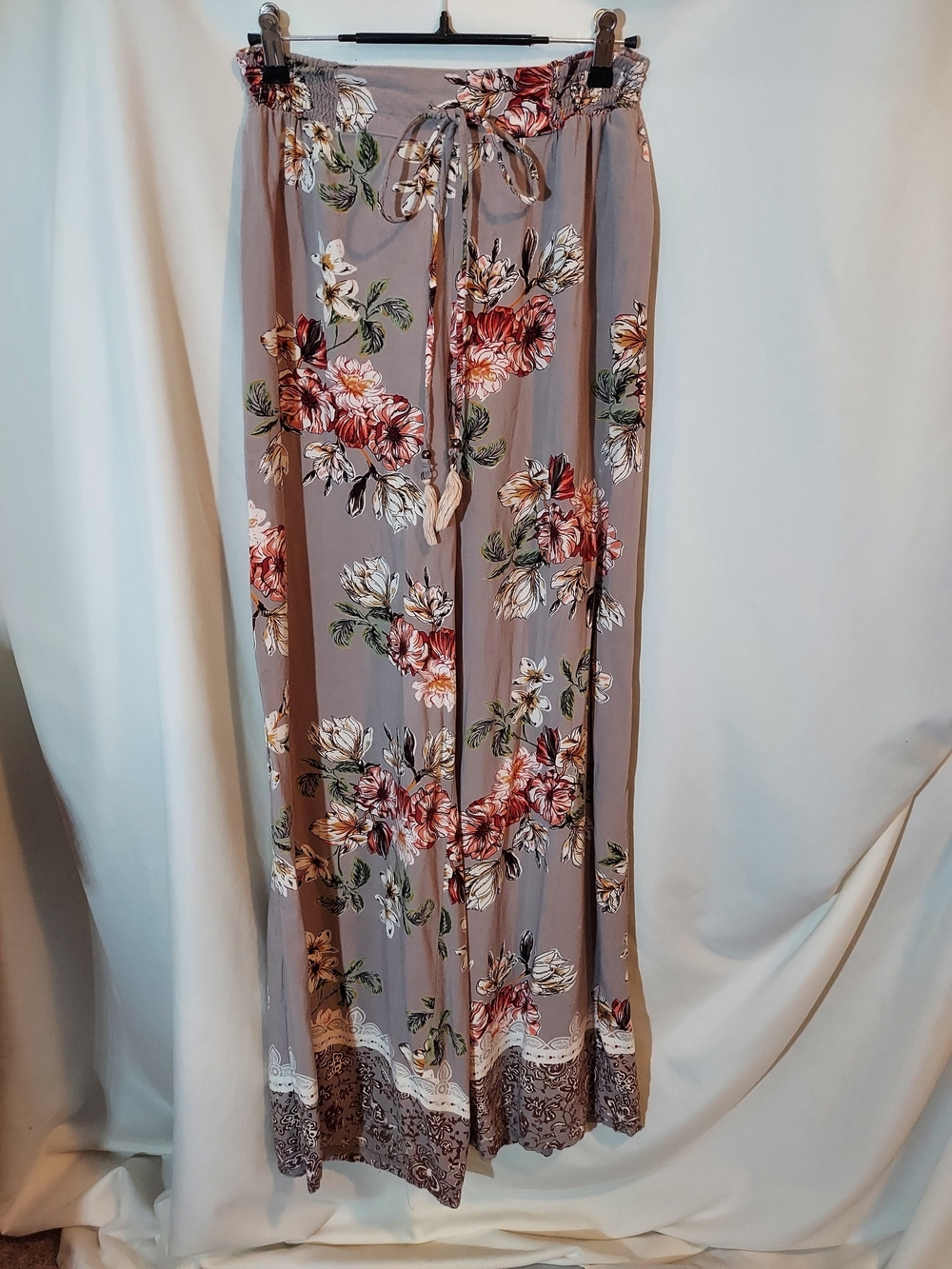 Angie Boho Wide Leg Floral Pants in Taupe with Pink & Green Accents